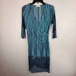 Michael Farrell Women's Blue Dress Small Abstract Print Faux Wrap Knee Length